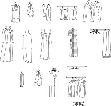 Technical vector collection of hanging apparel and wardrobe elements, featuring blazers, dresses, coats, and clothing racks in front and side elevation for retail and closet design.