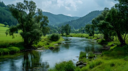 Fototapeta premium A serene river flows through lush green hills under a cloudy sky