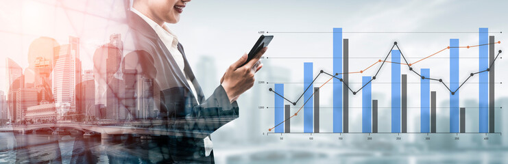A business professional uses a smartphone to analyze data, with financial graphs and an urban skyline in the background, symbolizing modern technology and analytics in business. Scalp