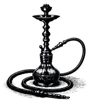 Hand drawn line art illustration of a traditional hookah depicting an ornamental shisha pipe for lounge decor