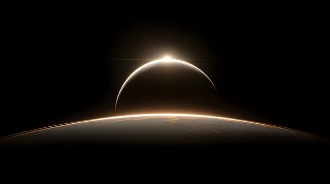 A celestial scene showing a glowing crescent sun rising above a dark planet