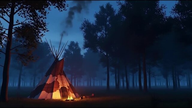 A serene forest scene at dusk with a lit teepee surrounded by tall trees in a misty atmosphere viewed from a distance.