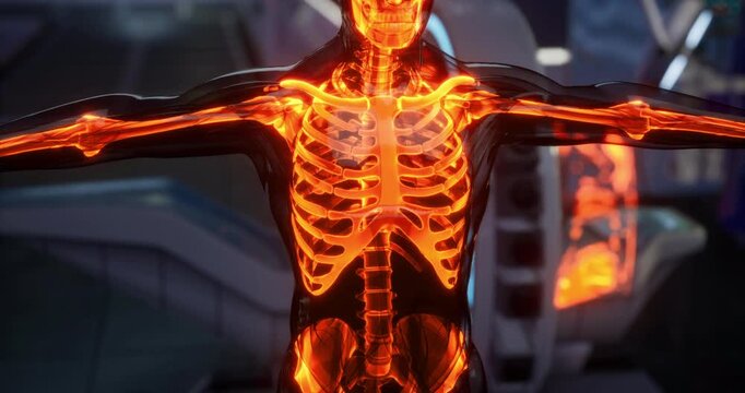 Skeleton anatomy is demonstrated with a vivid depiction of bones highlighting essential structures. The representation emphasizes the complexity of human skeletal features.