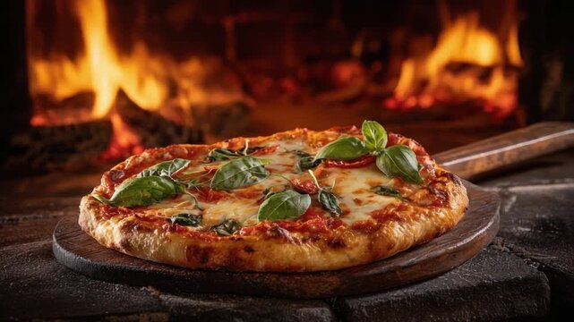 A baked, cheesy flatbread with fresh herbs, resting on a wooden board against a warm oven