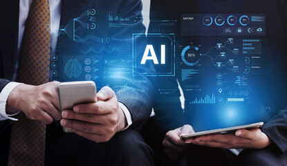 A futuristic AI dashboard for business intelligence. This platform showcases advanced data analytics, processing complex information into visual charts and graphs for strategic insights. Fermion