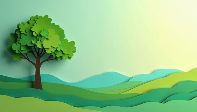 Paper cut tree stands on layered green hills under soft yellow sky. Natural landscape with organic shapes and soft colors. Eco friendly scene with tree and rolling terrain.