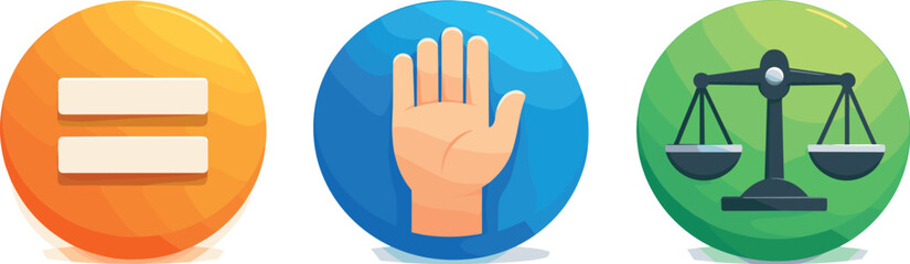 Obraz premium Balanced Symbolic Icons. Fundamental rights recognition visualized through balanced flat geometry, three symbolic icons arranged