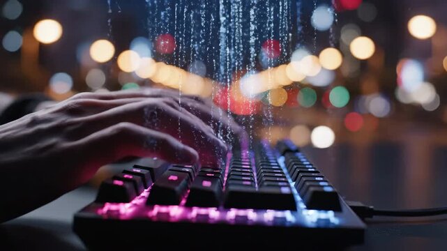 Close up of hands typing on a backlit keyboard with data streams flowing upwards against a blurred city night background.