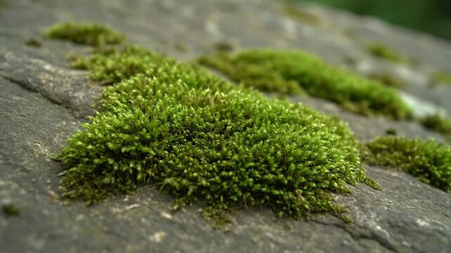 Close-up of vibrant green moss growing on a textured surface in nature.