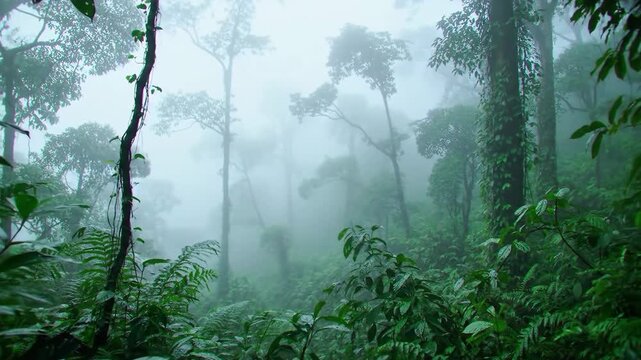 Lush green rainforest with dense vegetation and mist creating a mysterious atmosphere.