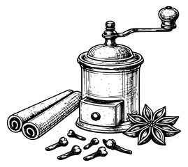 Hand drawn line art spice set featuring a vintage grinder, cinnamon sticks, cloves, and star anise for culinary use