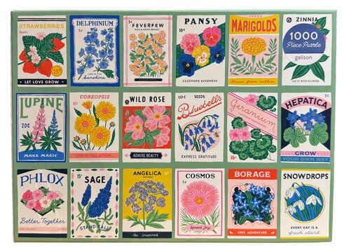 Galison Ever Upward &ndash; 1000 Piece Puzzle &ndash; Vintage Style Flower Seed Packets.