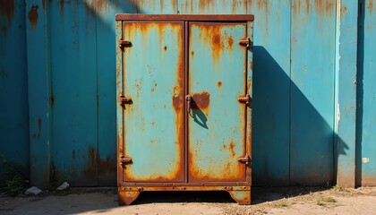 Teal metal cabinet with extensive rust textures stands against weathered blue wall. Doors have old handles casting shadows in bright sunlight. This aged storage unit shows signs of decay, corrosion.