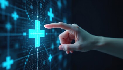 Digital interface shows plus sign. Finger touches screen, healthcare concept. Futuristic data analysis, medical tech. Innovation for medicine. Cybernetic.