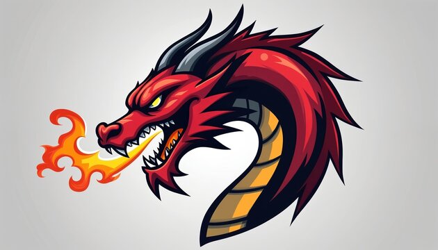 Red dragon head illustration breathes fire. Fierce mythical creature face for sport team logo. Fantasy monster emblem, modern gaming graphic, wild design.
