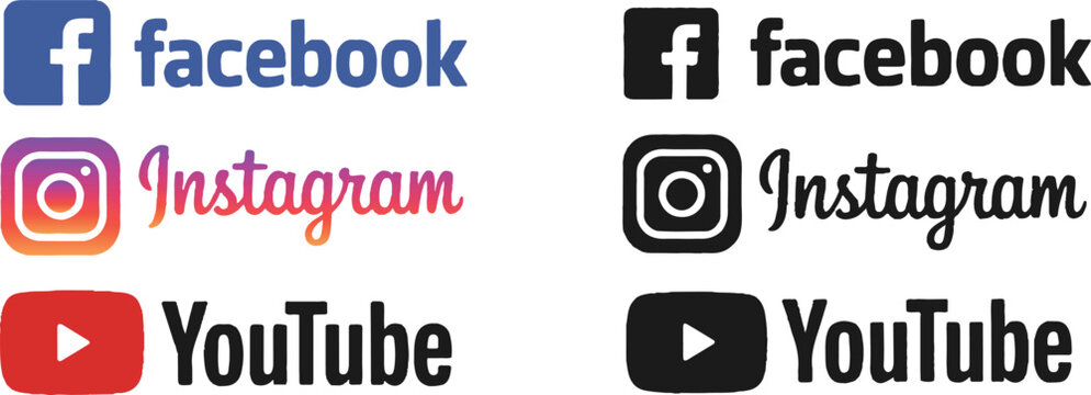 facebook instagram youtube logos color and black white comparison set