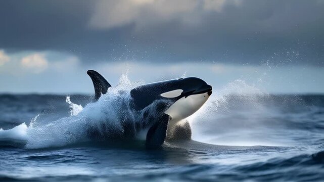 Orca Killer Whale Leaping From Ocean Water Surface, Dynamic Splash, Dramatic Sky