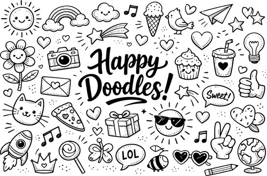 Monochrome Doodle Set. Cheerful mood doodle elements set, hand drawn doodle elements set, center hand-lettered title, black &