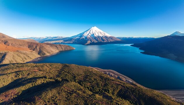 stunning aerial view of lake huechulafquen and a majestic snow capped lanin volcano neuquen argentina