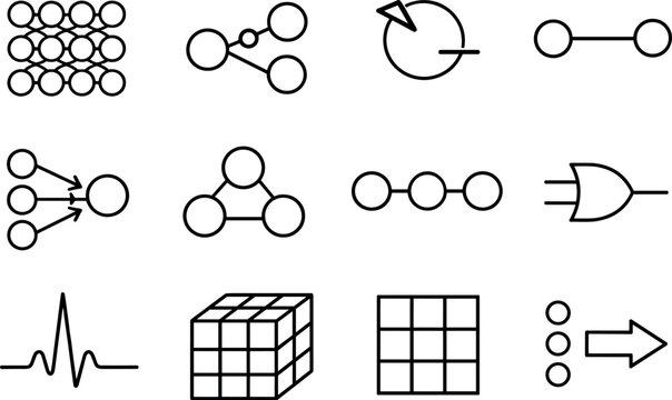 Neural Network Icons. Line style vector icons of Neural networks: layer, weight, bias, edge; input, output, hidden, gate; spike,