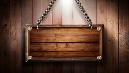 a rectangular empty wooden hanging sign with chain links realistic texture and lighting