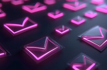 Many purple neon email icons on dark background. Digital messages and communication concept, cyberspace and electronic mail send. Web interface elements for business.