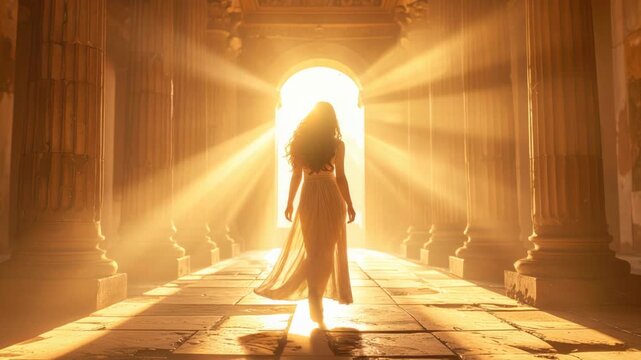 Woman in flowing dress walks towards radiant light in ancient temple corridor