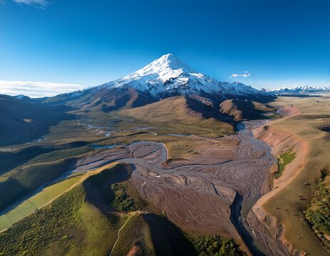 aerial view of snow capped lanin volcano and mountain valley with a winding river lanin national park argentina