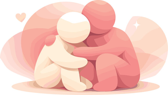 Minimalist Cuddle Illustration. Minimal cuddling figures sitting close with rounded forms conveying warmth and emotional safety,