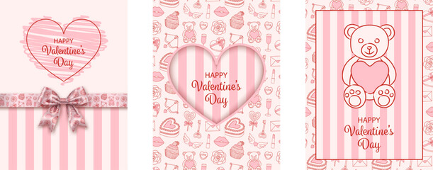 set of valentine's day cards with coquette elements. collection of valentine backgrounds with doodles and bow with ribbon