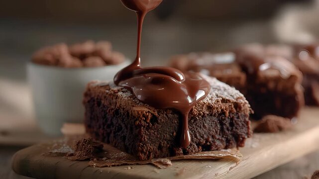 Chocolate pouring on cake in slow motion. Topping chocolate on homemade brownie dessert