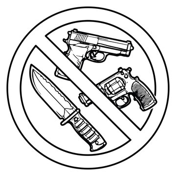 Hand drawn line art illustration of a no weapons sign depicting prohibited firearms and knives for security zones