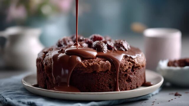 Chocolate pouring on cake in slow motion. Topping chocolate on homemade brownie dessert