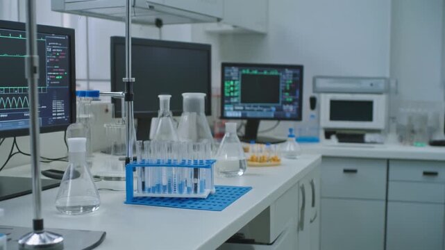 Empty modern laboratory with advanced medical equipment and test tubes.