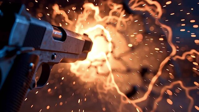 Handgun firing a bullet in slow motion with muzzle flash