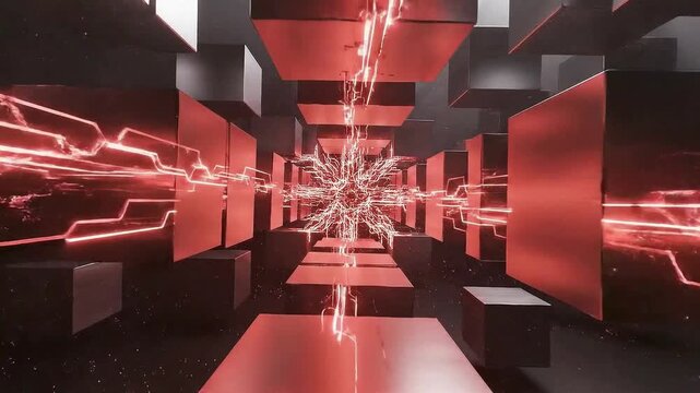Futuristic neon-lit corridor with geometric shapes and vibrant red glow