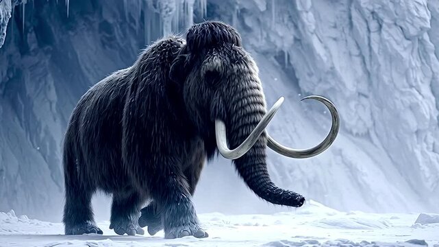 Majestic woolly mammoth walking through a desolate, snowy landscape during the pleistocene ice age, surrounded by icy cliffs and falling snow in a concept of prehistoric life and extinction