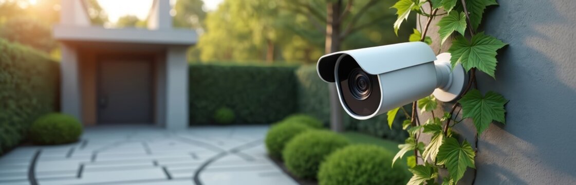 White security camera attached to wall near house exterior. Surveillance device monitors property and garden with green plants. Modern home protection system uses tech for safety.