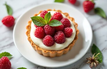 Individual raspberry tart with white cream and mint leaves presented on a white plate. Fresh berries sit atop golden pastry shell. Close up food shot.