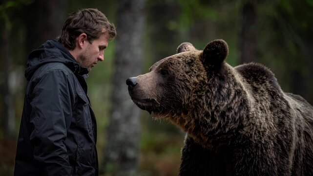 Man confronts roaring grizzly bear in dark forest, wildlife encounter, danger
