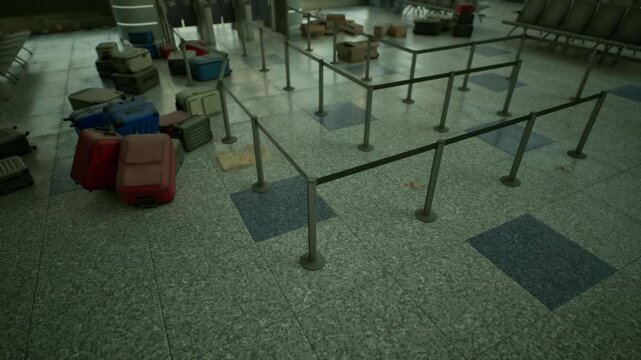 An abandoned airport terminal shows neglected waiting areas filled with scattered luggage, creating a desolate atmosphere that hints at forgotten travel plans.