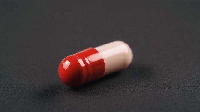 A red and white capsule rotates on a dark background.