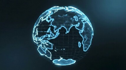 Glowing blue globe with grid lines on dark background - Powered by Adobe