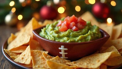 Fototapeta premium Football themed bowl holds green guacamole with diced tomatoes, surrounding tortilla chips. Appetizer served for sports game party, holiday gathering, casual get-together. Delicious, savory, fresh,