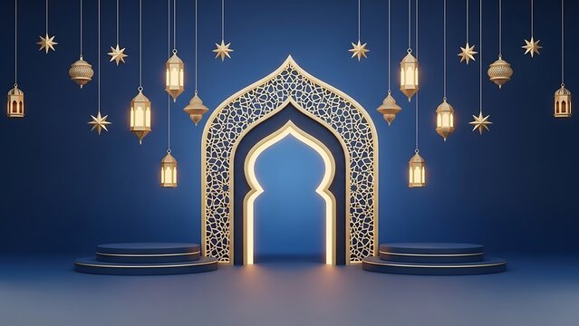 Ramadan Kareem Islamic greeting background with mosque gate and hanging lanterns.
