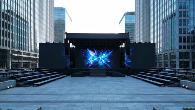 Modern outdoor stage setup between towering office buildings. A vibrant digital display illuminates the urban plaza.