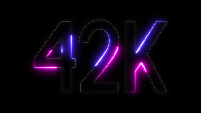 42k Neon Sign, Glowing Purple and Pink Numbers, Black Background, Futuristic Design Element