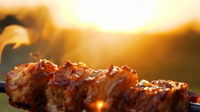 The image shows skewers of grilled meat, with smoke rising as the sun sets in the background. The golden light highlights the grilled meat, creating a vibrant scene.