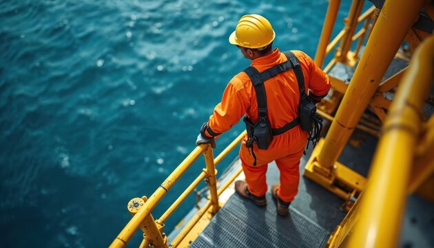 Offshore oil rig worker in orange jumpsuit and yellow helmet climbs stairs over blue sea. Heavy industry pro performs maintenance task on marine platform structure.