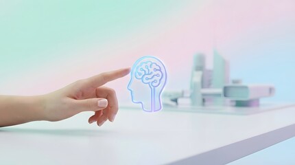 Human hand connecting with a glowing digital brain icon, symbolizing the convergence of human intellect and artificial intelligence in future technology, innovation, and creative solutions